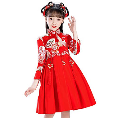 Girls' Crane Embroidered Chinese Knot Pendant Cheongsam,Chinese Style Velet Tang Suit,Children New Year Clothes.