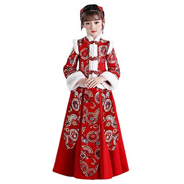 Girls' Winter Chinese Style Hanfu Dresses,Super Fairy Buckle Embroidered Thickened New Year's Clothing.