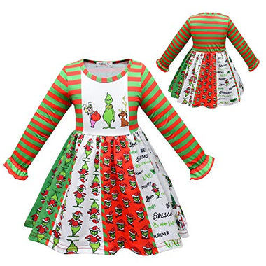 Quenny Children's Christmas costumes, thief green hair monster girls' dress, girls' long sleeve dress.