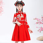Girls' Crane Embroidered Chinese Knot Pendant Cheongsam,Chinese Style Velet Tang Suit,Children New Year Clothes.