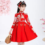 Girls' Crane Embroidered Chinese Knot Pendant Cheongsam,Chinese Style Velet Tang Suit,Children New Year Clothes.